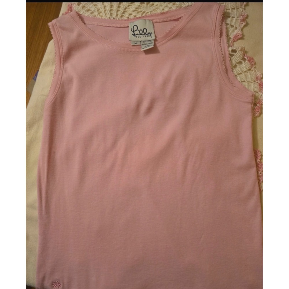 Lilly Pulitzer Pink Cotton Sleeveless Tank Top Picot Trim Palm Tree Logo Size M